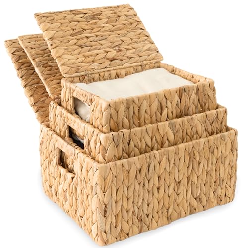 Wicker Storage Baskets With Lid, Set 3 Basket With Lid Decorative Storage Rectangle Wicker Storage Basket Large Rattan Storage Box Hyacinth Baskets