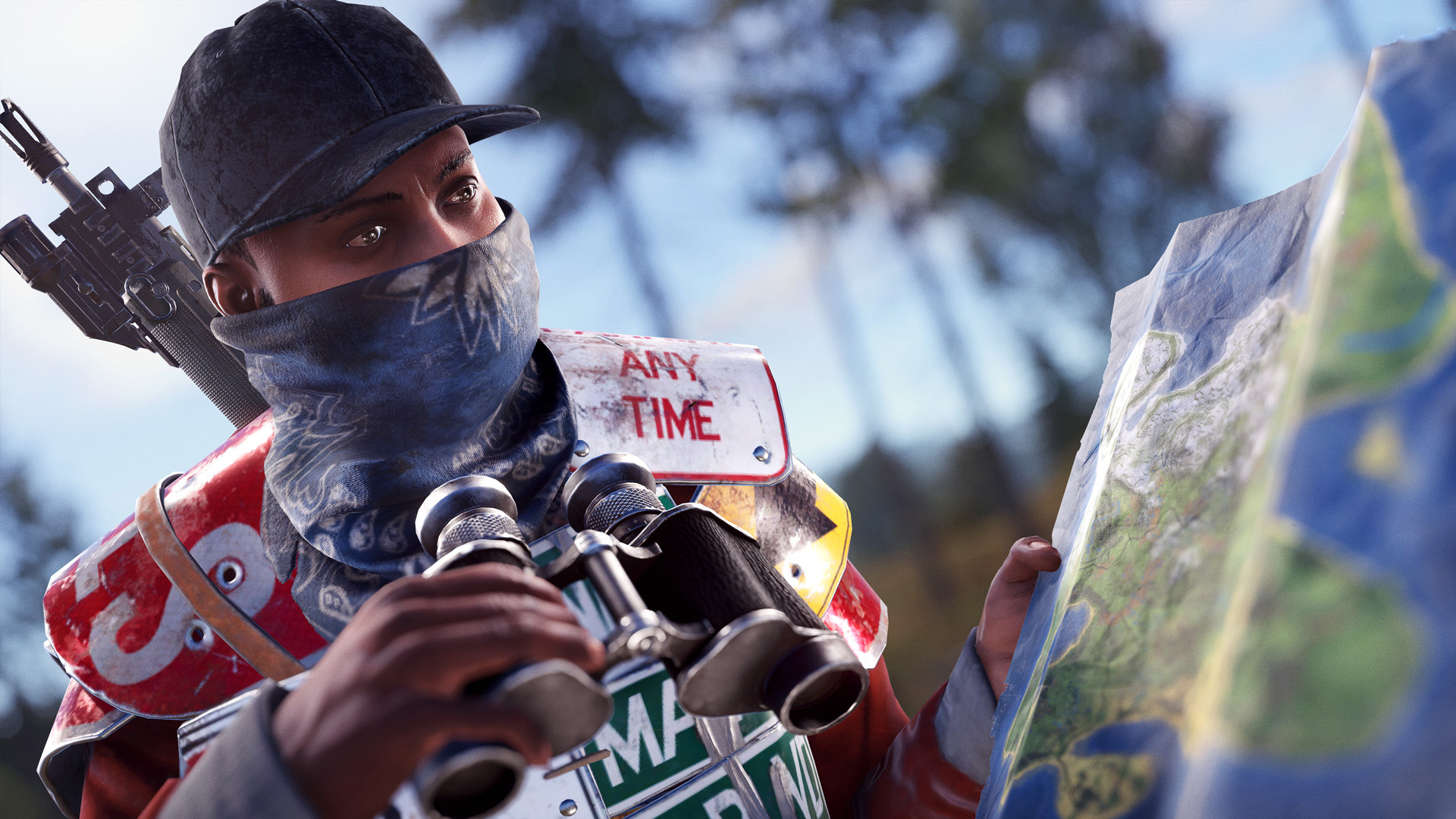 Rust keyart of a player wearing street sign armor and holding a map