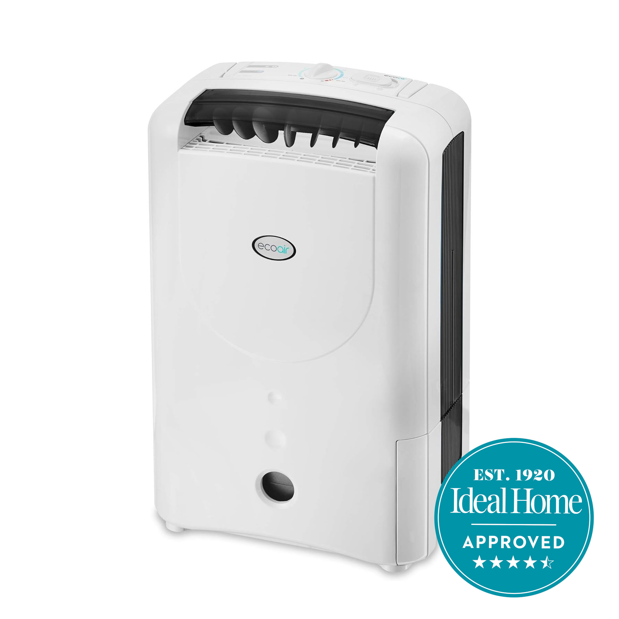 ecoair dd1 simple mk3 dehumidifier on a white background with an ideal home approved badge