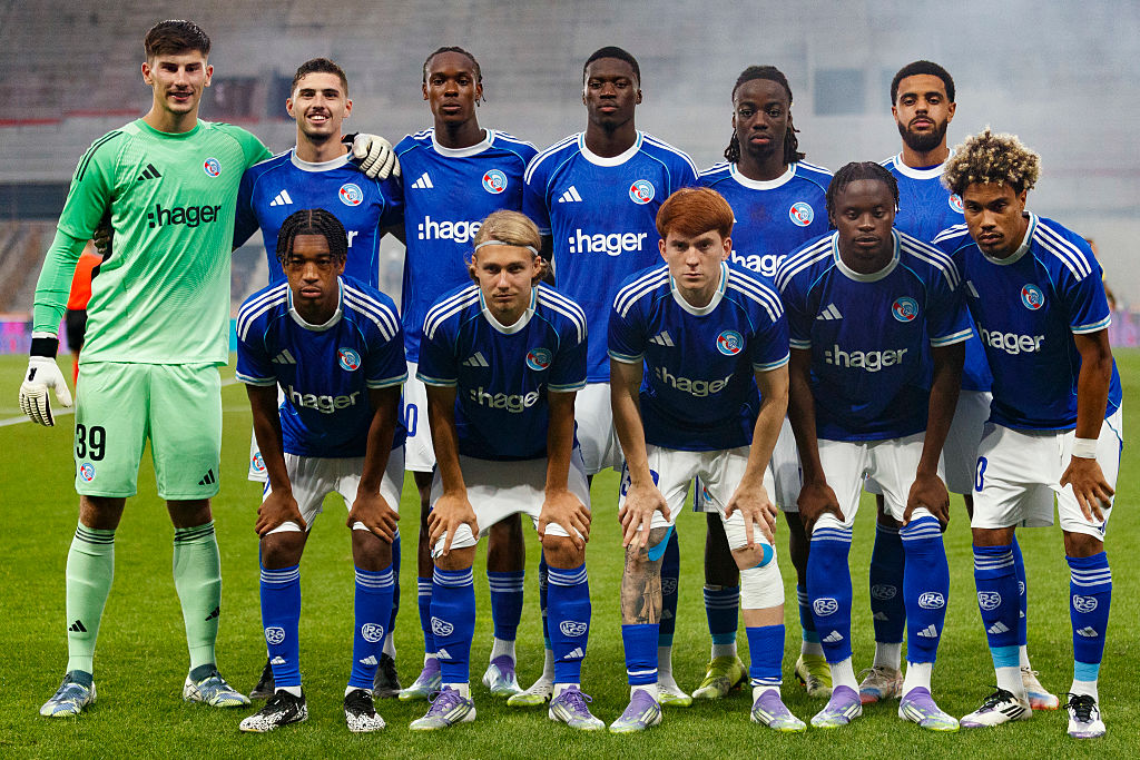 RC Strasbourg pose for a team photo prior to a Conference League qualifying game in 2025