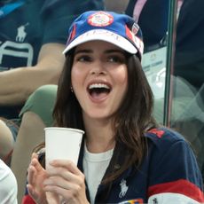 Kendall Jenner cheers for Simone Biles of USA during the Artistic Gymnastics Women's All-Around Final on day six of the Olympic Games Paris 2024 at Bercy Arena on August 1, 2024 in Paris, France. 