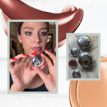 a background of white cream with swatches of blush and foundation with images of a girl holding a mirrored makeup balm and mirrored makeup balms on a marble table