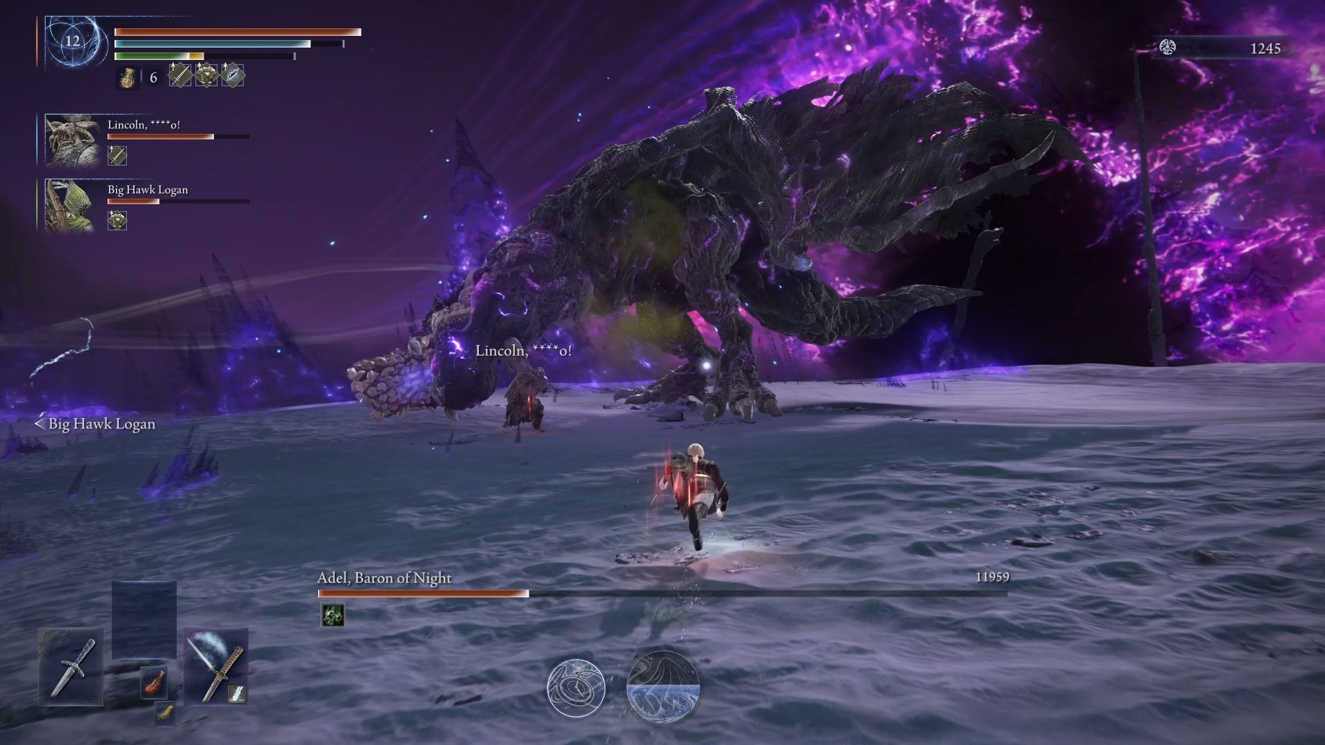 An Elden Ring Nightreign dragon boss with purple ruptures on its hide attacking a player under a purple and black sky