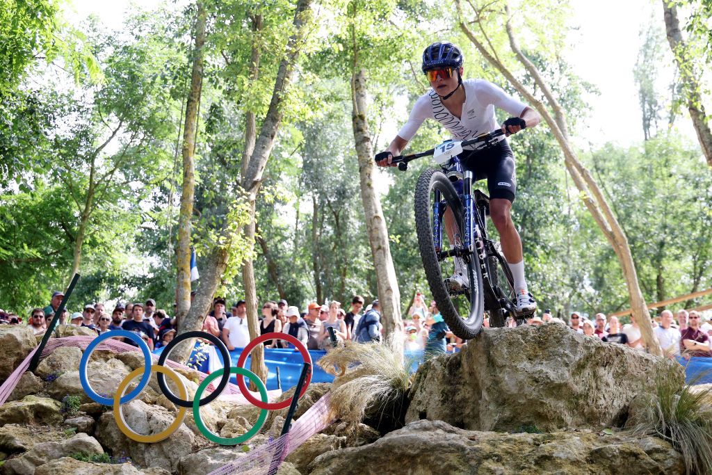 ELANCOURT FRANCE JULY 28 Samara Maxwell of Team New Zealand competes during the Womens CrossCountry Cycling Mountain Bike Gold Medal race on day two of the Olympic Games Paris 2024 at Elancourt Hill on July 28 2024 in Elancourt France Photo by Jared C TiltonGetty Images