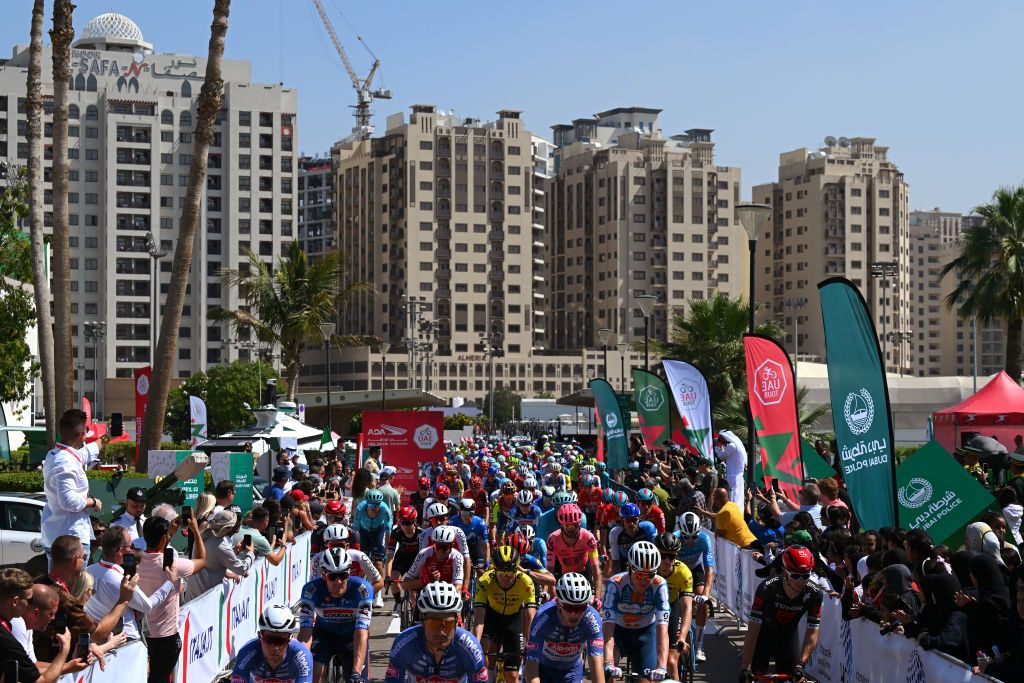 DUBAI POLICE OFFICERS CLUB DUBAI UNITED ARAB EMIRATES FEBRUARY 22 A general view of the peloton prior to the 6th UAE Tour 2024 Stage 4 a 168km stage from Dubai Police Officers Club to Dubai Harbour UCIWT on February 22 2024 in Dubai United Arab Emirates Photo by Tim de WaeleGetty Images