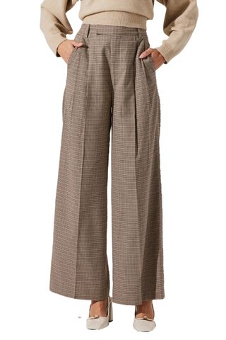 Houndstooth Check Wide Leg Pants