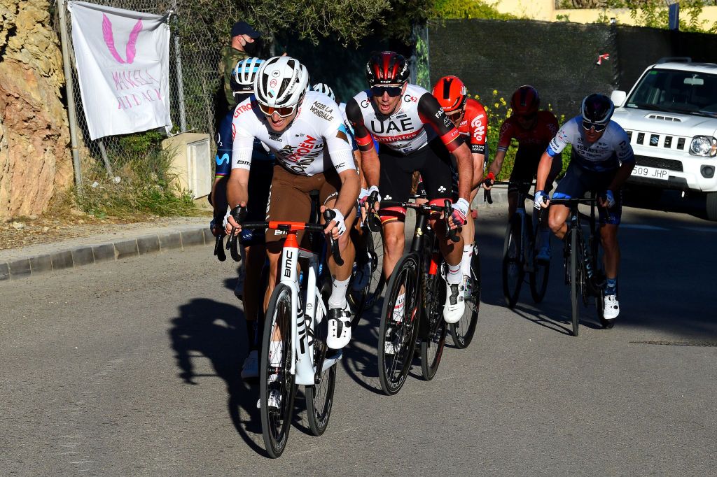 ANDRATX SPAIN JANUARY 29 Felix Gall of Austria and Ag2R Citroen Team and Brandon McNulty of United States and UAE Team Emirates compete during the 31st Challenge Ciclista Mallorca 2022 Trofeo Pollena Port d Andratx a 170 km race from Pollena to Andratx 214m ChallengeMallorca on January 29 2022 in Andratx Spain Photo by Dario BelingheriGetty Images