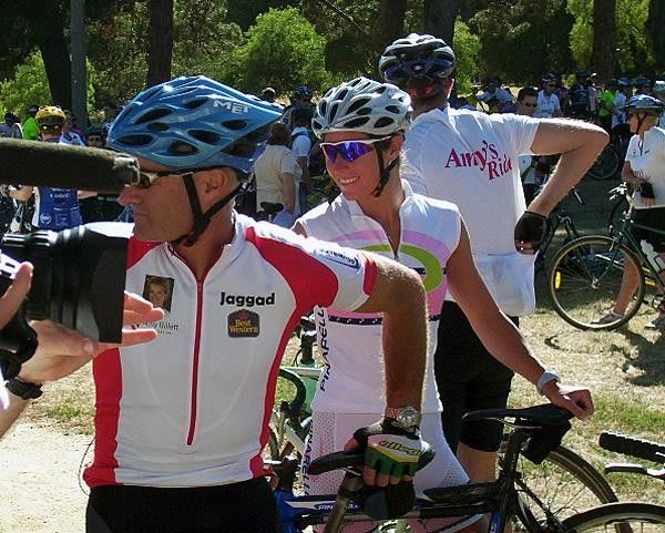 Simon Gillett and Rochelle Gilmore prepare for a pre-ride interview