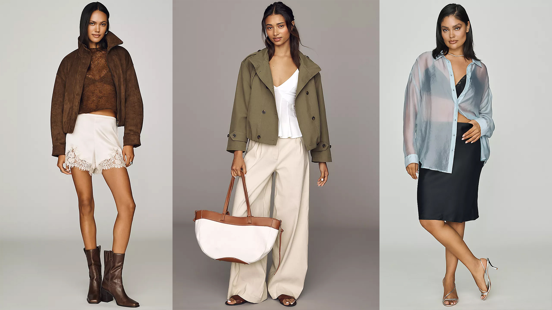 Three models wear Anthropologie clothing. One wears a suede jacket and white lace shorts. The middle model wears a cropped green trench and khaki pants. The last one wears a sheer blouse and skirt.