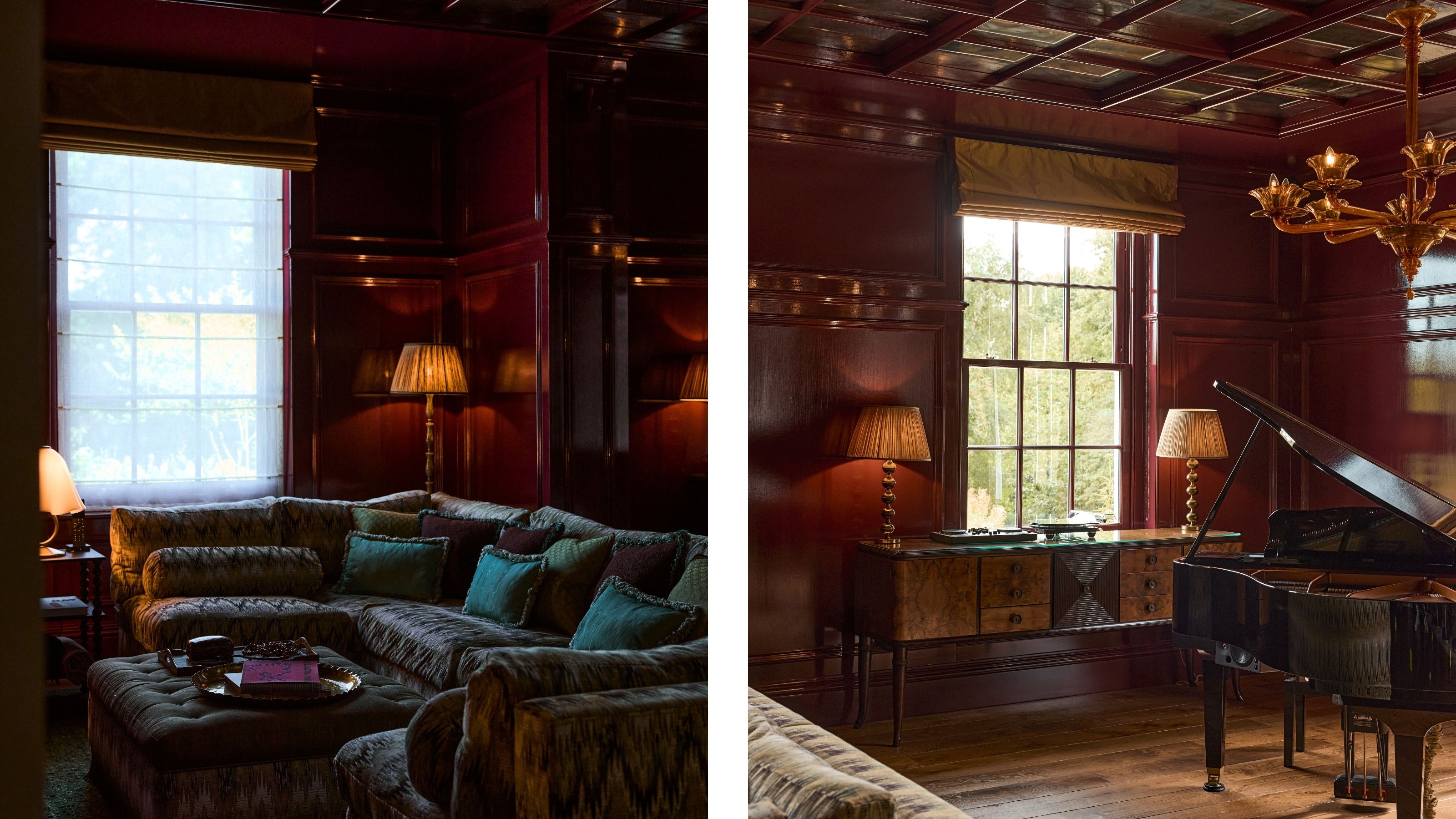 two side by side images of a dark red moody entertaining lounge and music room