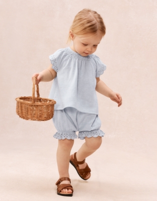 Baby Organic Cotton Blue Broderie Frill Blouse &amp;amp; Bloomers Set (0&amp;ndash;2yrs) | the White Company