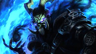 New Neverwinter Nights 2 key art of King of Shadows, skeletal figure with horns surrounded by blue fire