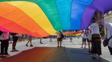Participants in the New York City Pride March carry the pride flag on June 29, 2025.