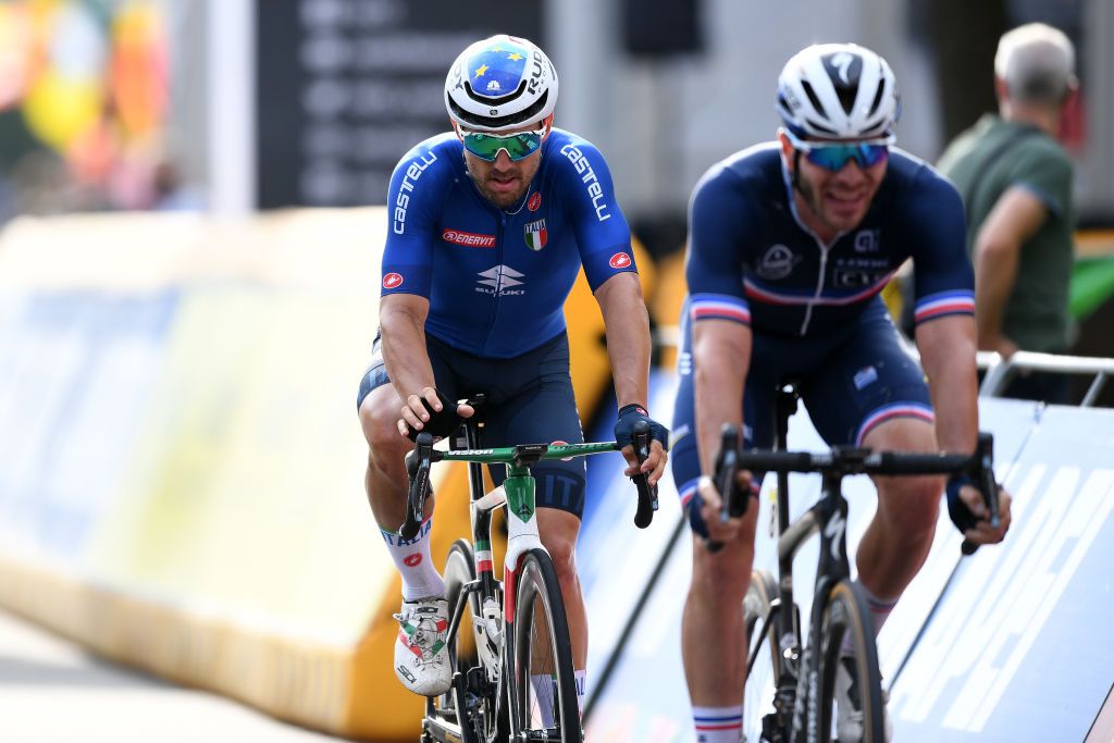 LEUVEN BELGIUM SEPTEMBER 26 Sonny Colbrelli of Italy crosses the finishing line during the 94th UCI Road World Championships 2021 Men Elite Road Race a 2683km race from Antwerp to Leuven flanders2021 on September 26 2021 in Leuven Belgium Photo by Tim de WaeleGetty Images