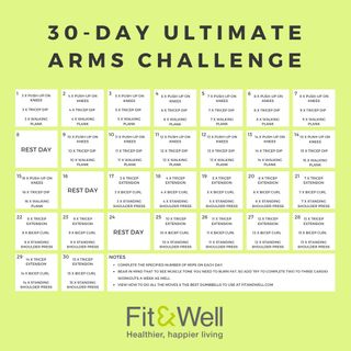 Graphic listing all the workouts in Fit & Well's 30-day arms challenge