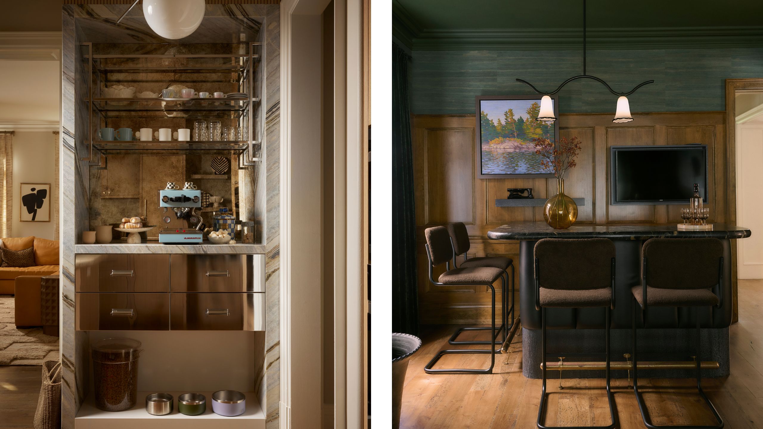 two side by side images of a Toronto home with a coffee station and custom dog station and a modern dining room with home bar