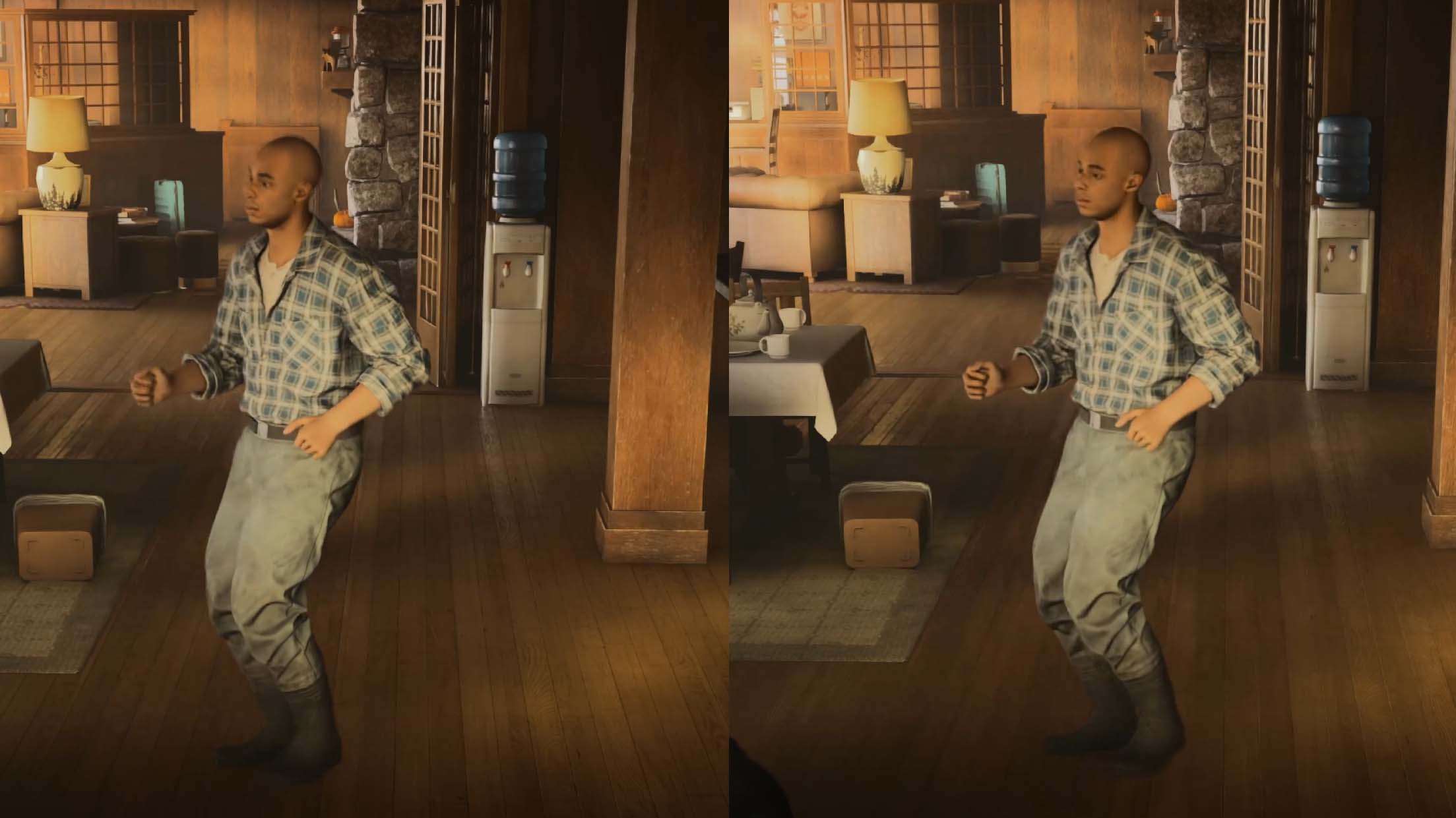 Dancing man in Alan Wake 2 using different versions of Ray Reconstruction
