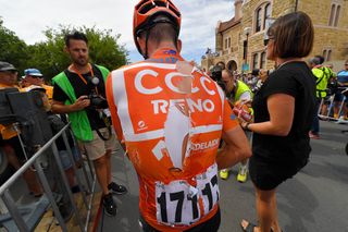 Paddy Bevin is banged up at the finish of stage 5 at the Tour Down Under