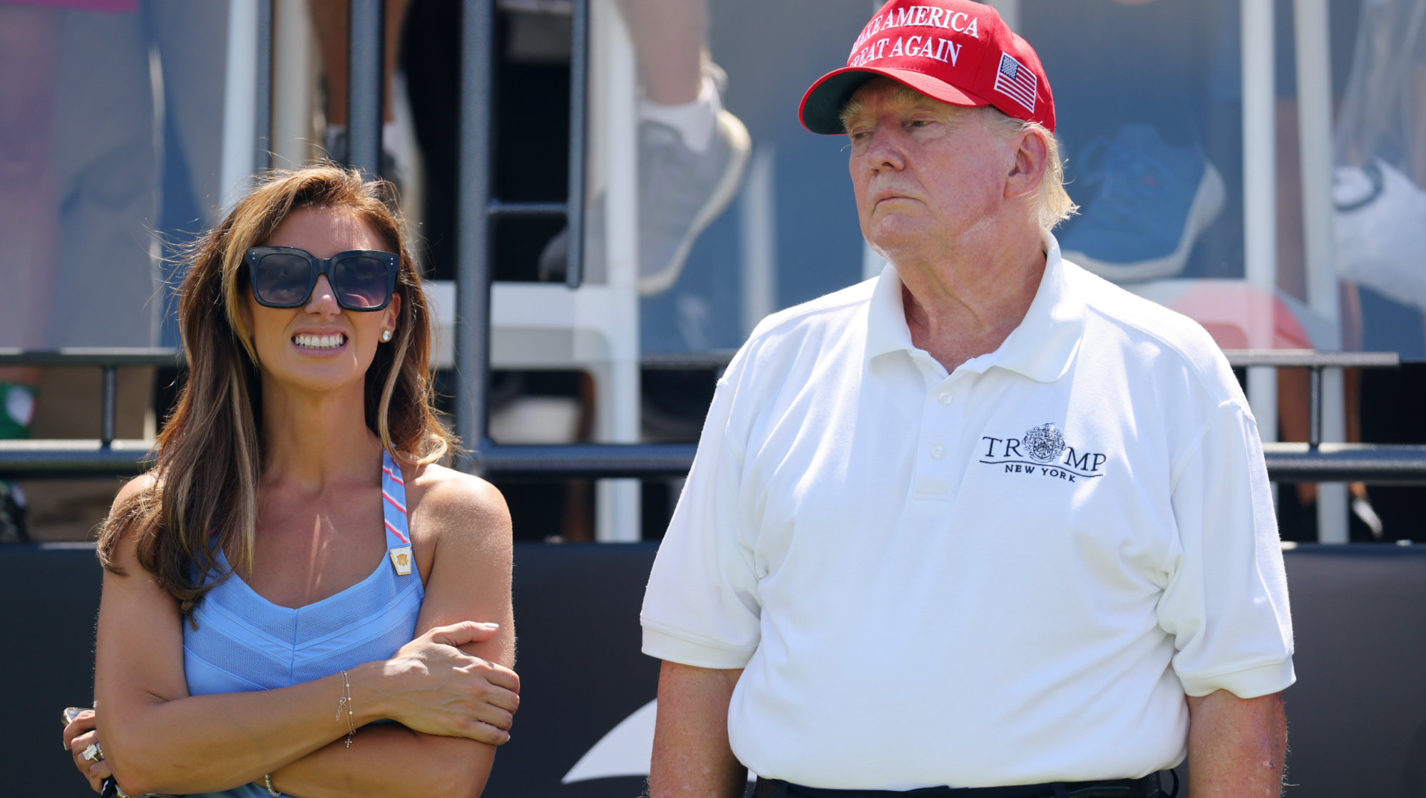 BEDMINSTER, NEW JERSEY - AUGUST 13: Former President Donald Trump and Attorney Alina Habba at the first tee during day three of the LIV Golf Invitational - Bedminster at Trump National Golf Club on August 13, 2023 in Bedminster, New Jersey. (Photo by Mike Stobe/Getty Images)