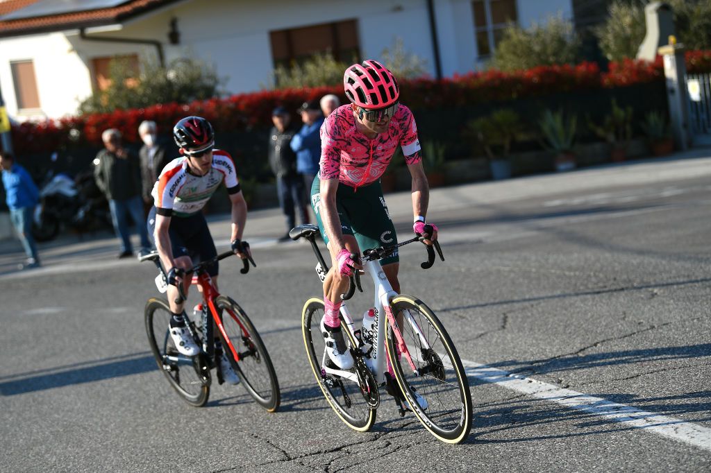 SAN MARINO ITALY MARCH 24 LR Eddie Dunbar of Ireland and Team INEOS Grenadiers White Leader Jersey and Simon Carr of United Kingdom and Team EF Education Easypost attacks in the final climb during the 36th Settimana Internazionale Coppi e Bartali 2022 Stage 3 a 1471km stage from San Marino to San Marino 648m CoppieBartali on March 24 2022 in San Marino Italy Photo by Dario BelingheriGetty Images