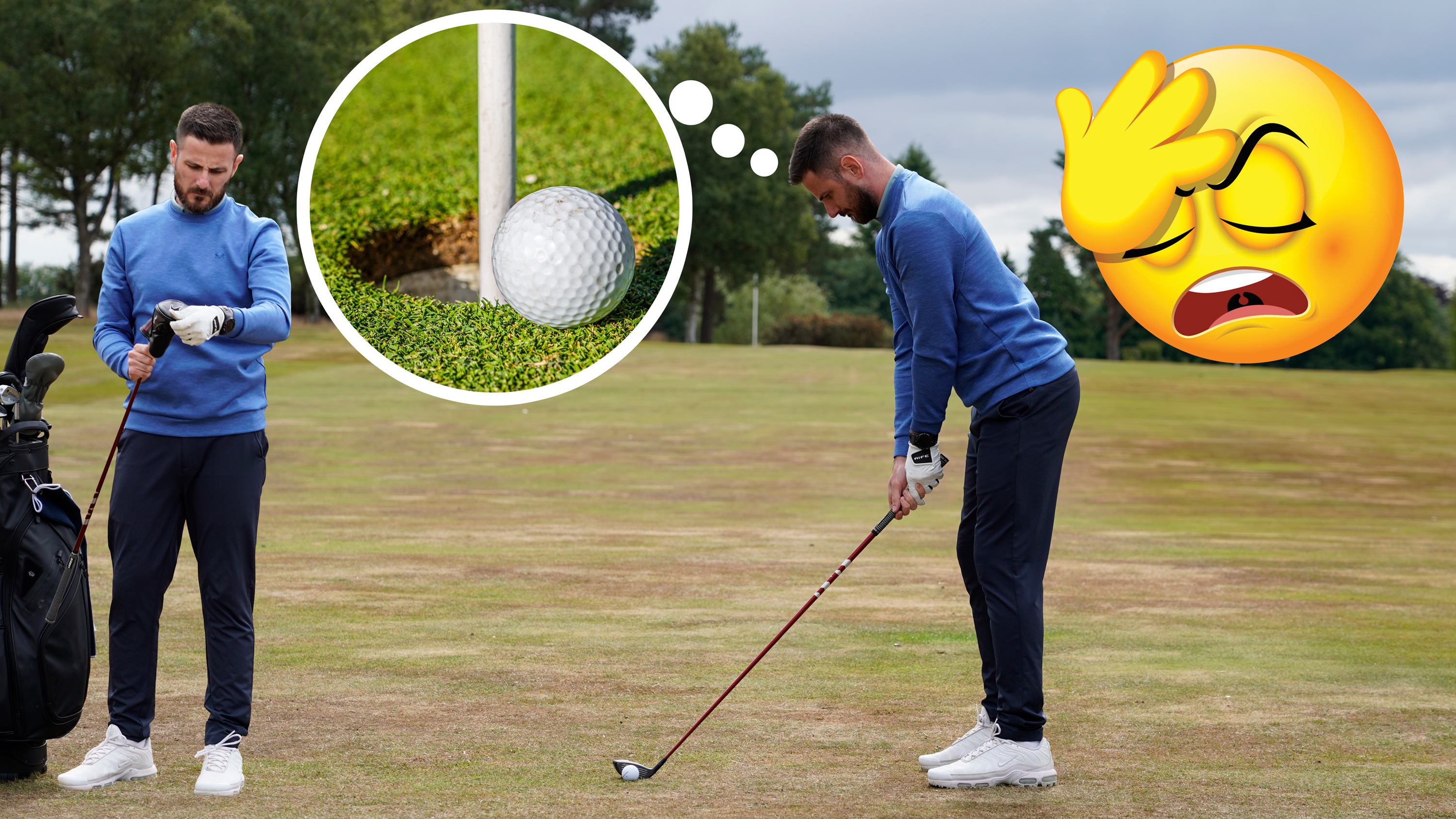 Baz Plummer preparing to hit a fairway wood, over 200 yards away from the green, with an inset image of Baz Plummer selecting his club and an emoji of a disappointed person with their palm on their forehead