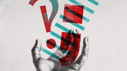 Illustrative collage of a hand cradling a semicolon, an interrobang, and a row of em-dashes