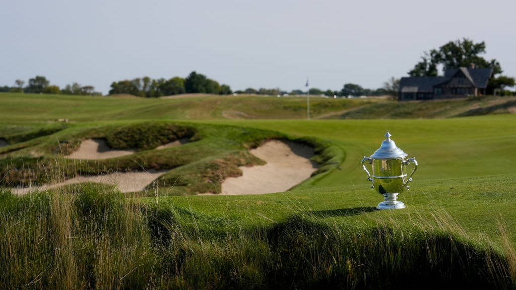 The Harton S. Semple Trophy on the 18th fairway during previews for the 2025 U.S. Women's Open at Erin Hills Golf Course on September 10, 2024 in Erin, Wisconsin. 