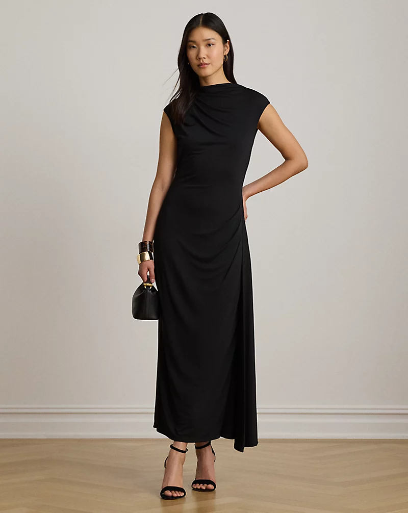 Pleated Jersey Boatneck Midi Dress