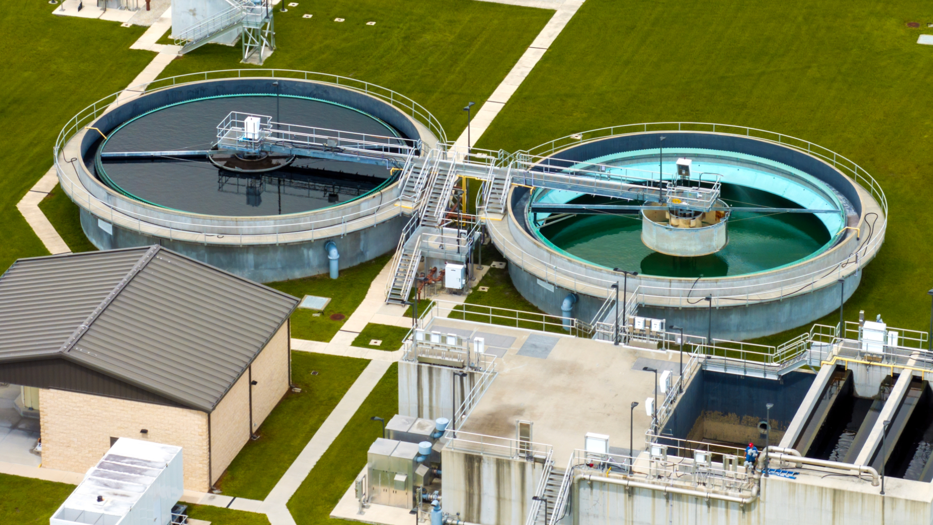 Aerial view of water treatment factory at city wastewater cleaning facility