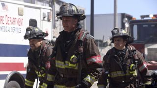 Taylor Kinney as Severide and Squad 3 on the scene of an accident in Chicago Fire Season 12x12