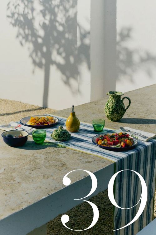 Chef Stripe Linen Table Runner in Ecru/Multi Blue