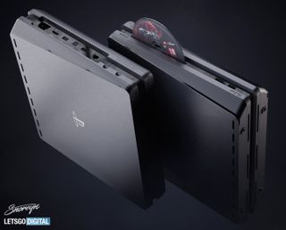 Dos vistas del concepto de la PS5, con los puertos en un lado y la unidad óptica en el otro