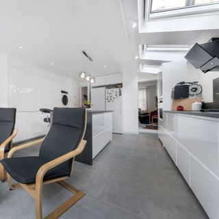 modern white kitchen extension with gloss units and rooflights