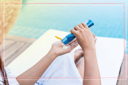 Bottle of sun cream being poured into a hand