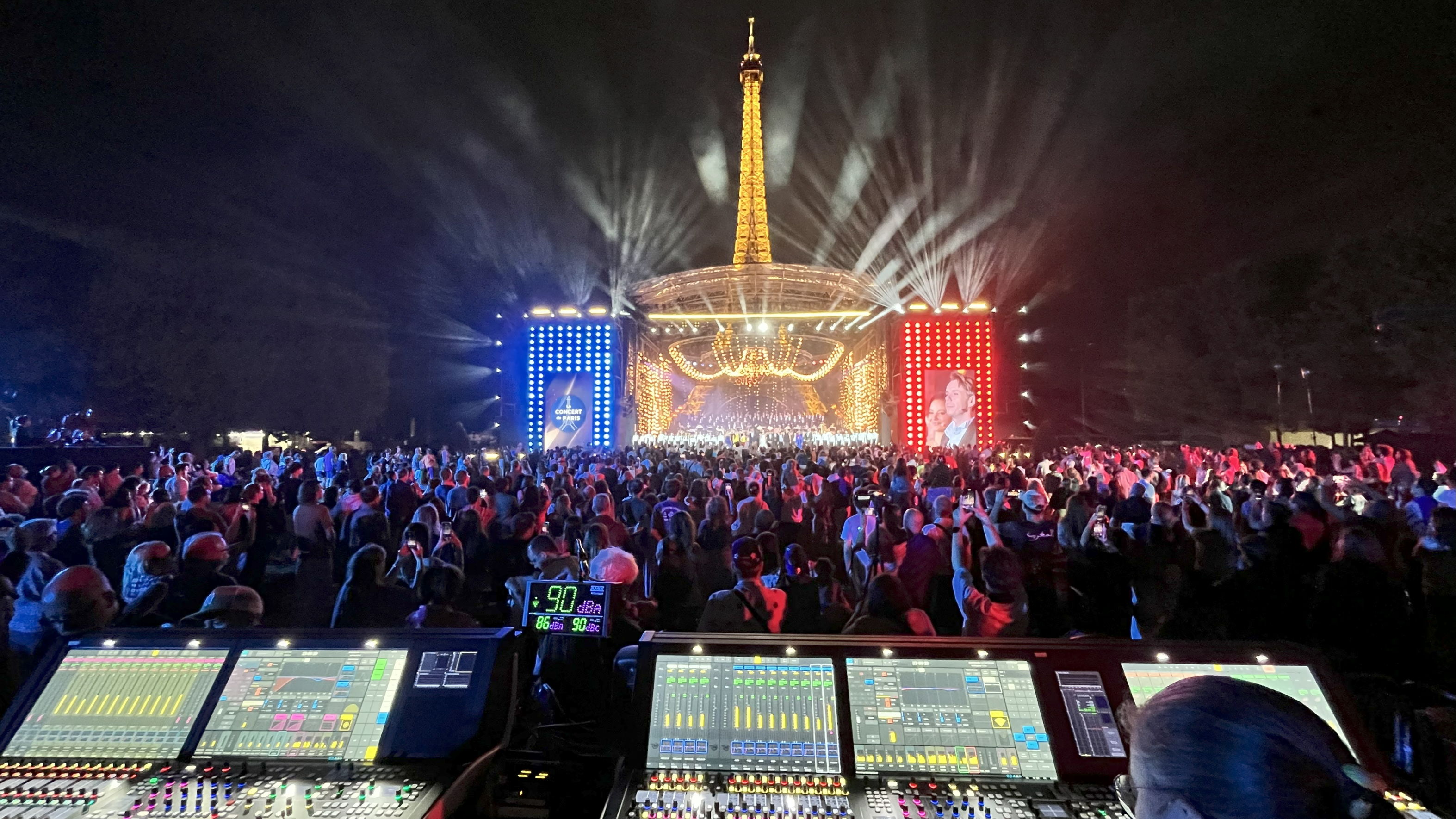 Lawo consoles in the foreground with the stage for the Concert de Paris 
