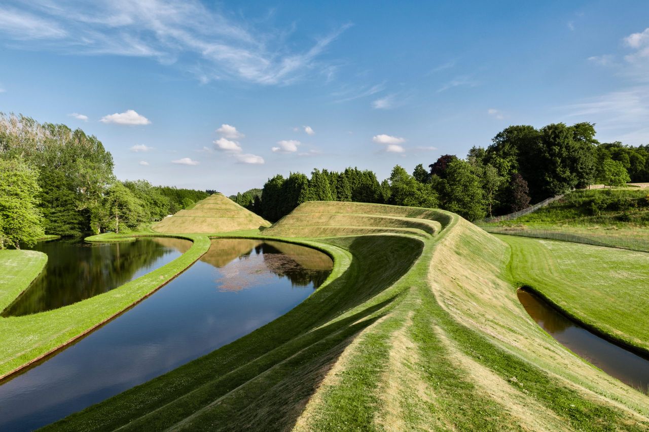 The Snake Mound and the Snail Mound at The Garden of Cosmic Speculation, Dumfries, Scotland, created by Charles Jencks and Maggie Keswick.