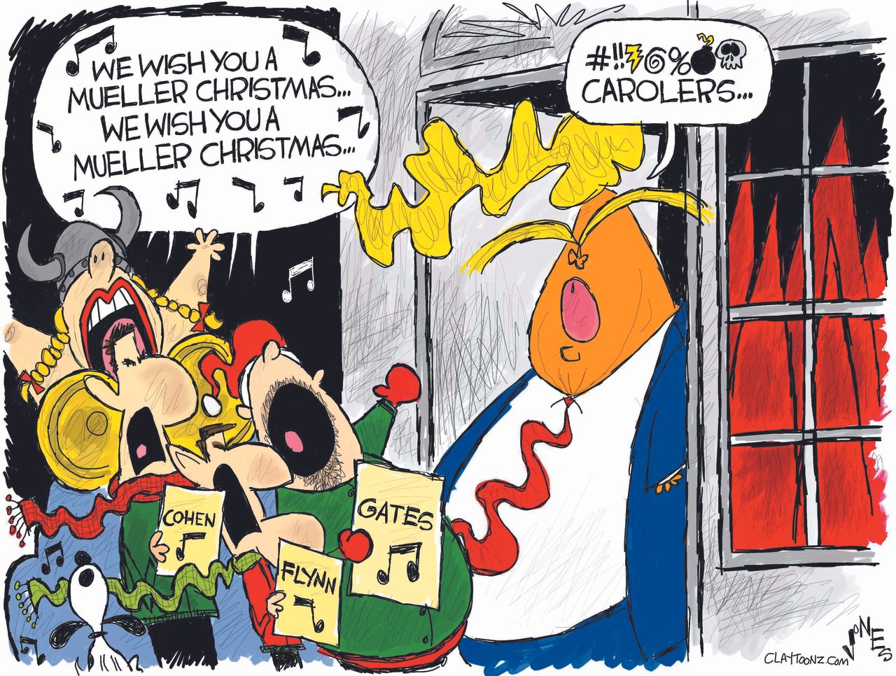 Political cartoon U.S. Christmas carolers Mueller probe Trump Flynn Gates Cohen