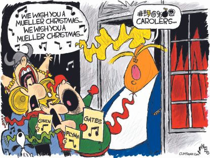 Political cartoon U.S. Christmas carolers Mueller probe Trump Flynn Gates Cohen