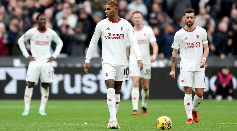 Marcus Rashford and his Manchester United team-mates look dejected after conceding at West Ham in the Premier League in December 2023.