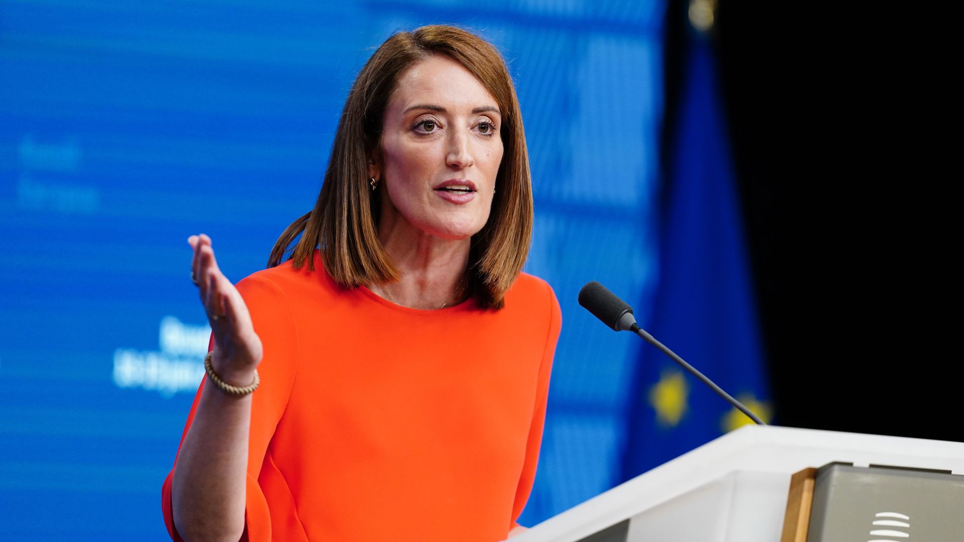 Roberta Metsola, President of European Parliament attends a press conference during the European Council Meeting on June 18, 2026 in Brussels, Belgium.