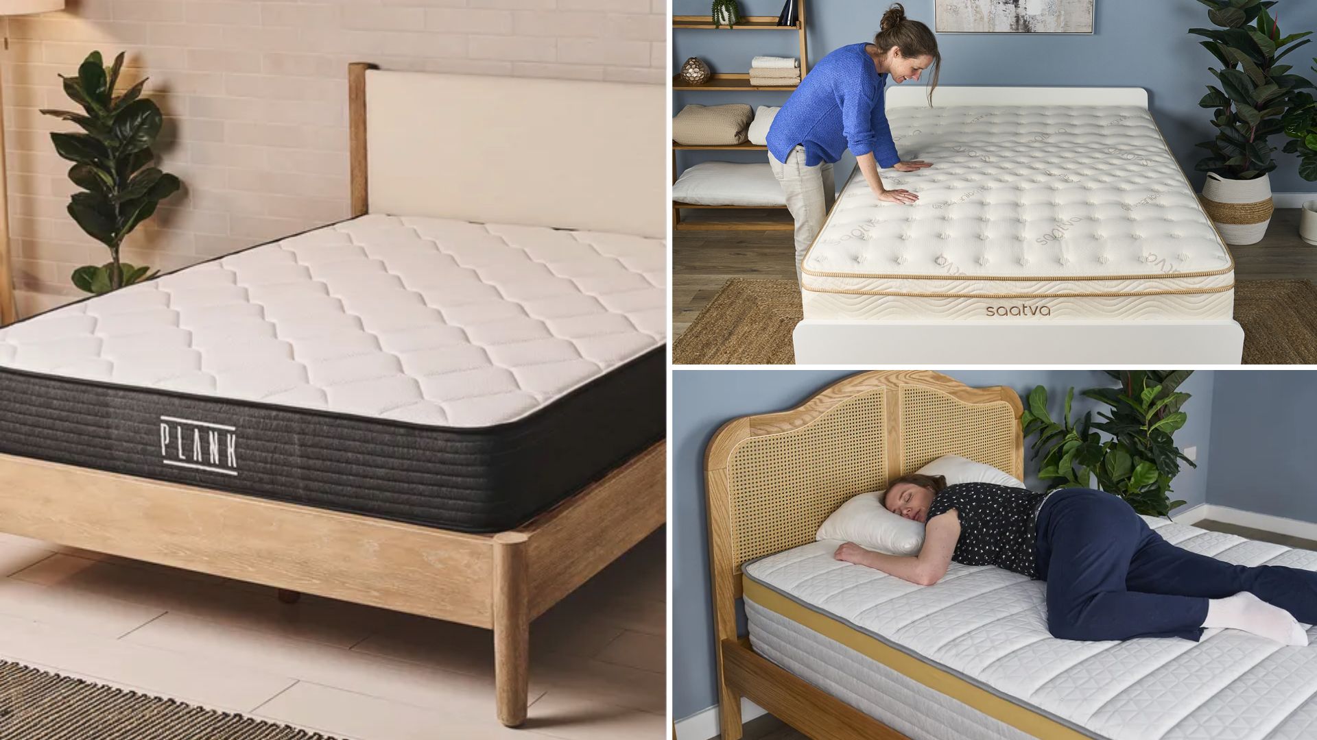 The composite image shows the black and white Plank Firm mattress on a wooden bed frame on the left, the cream and gold Saatva mattress on the top right and a mattress testing lying on her front on the white and yellow Helix Dawn mattress.
