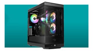 An iBuyPower Y40 Pro gaming PC on a blue background