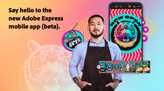 Promo image for Adobe Express app featuring Asian chef and an advert for a ramen brand on a smartphone