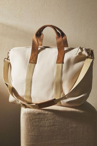 Zara, Fabric Tote Bag With Leather Detail