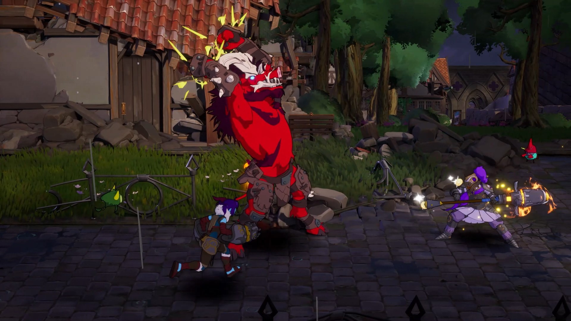 A screenshot of a large red boar attacking a purple-clad knight in Stoic's action RPG brawler, Towerborne.