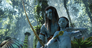 Jake (Sam Worthington) helps his child pull a bow in Avatar: The Way of Water