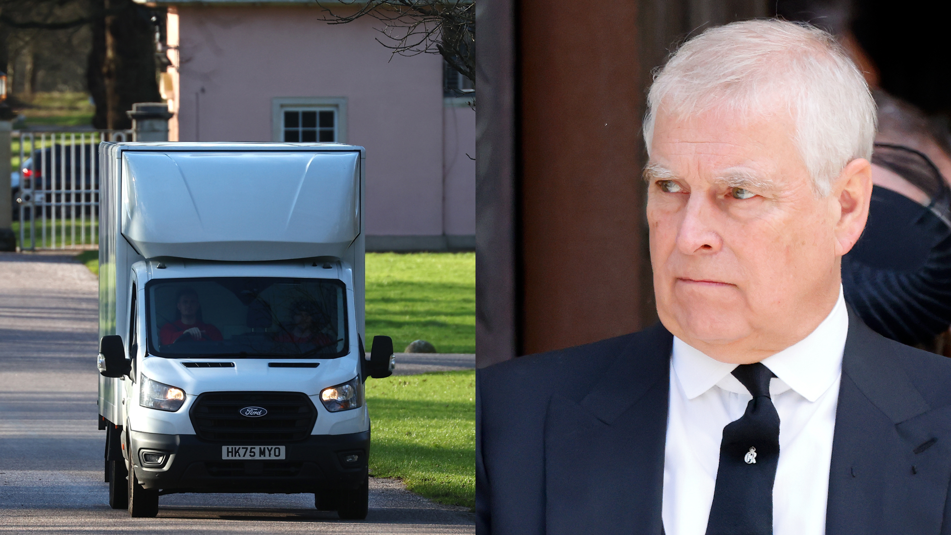 A moving van leaving Royal Lodge; Prince Andrew wearing a dark suit and scowling