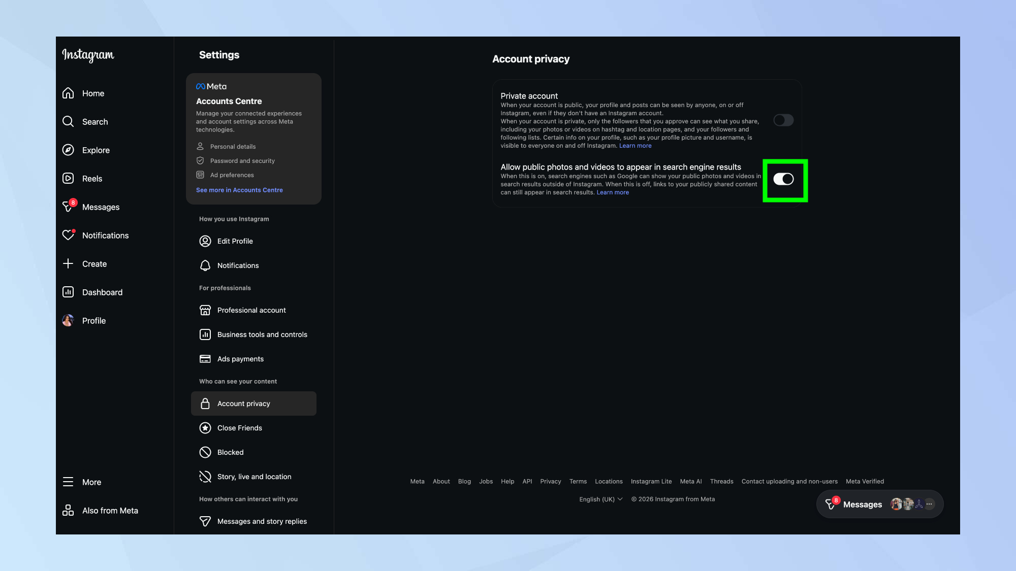 Instagram account privacy settings