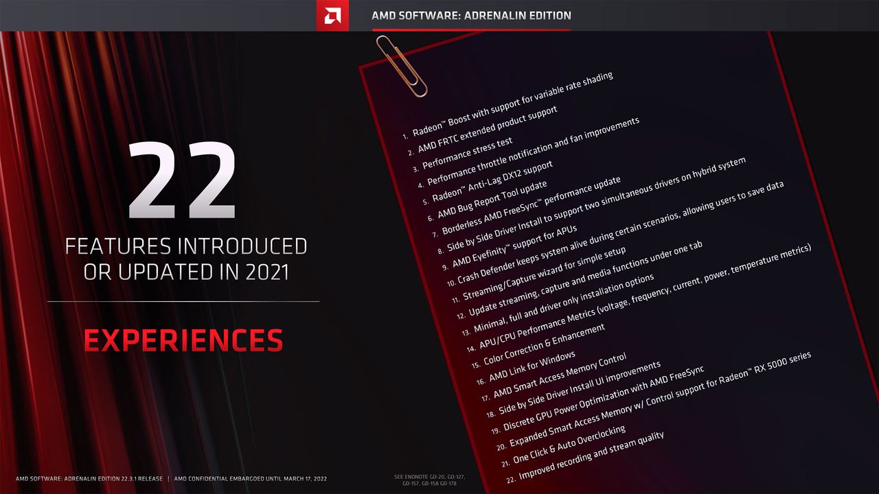 Slide deck for AMD Software Adrenalin Edition 22.3.1 with RSR and FSR 2.0