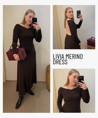 Woman wears brown dress, burgundy handbag and black boots